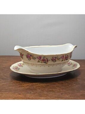 Gold Castle Hostess Gravy Boat 40s Occupied Japan vtg floral cabbage rose gold